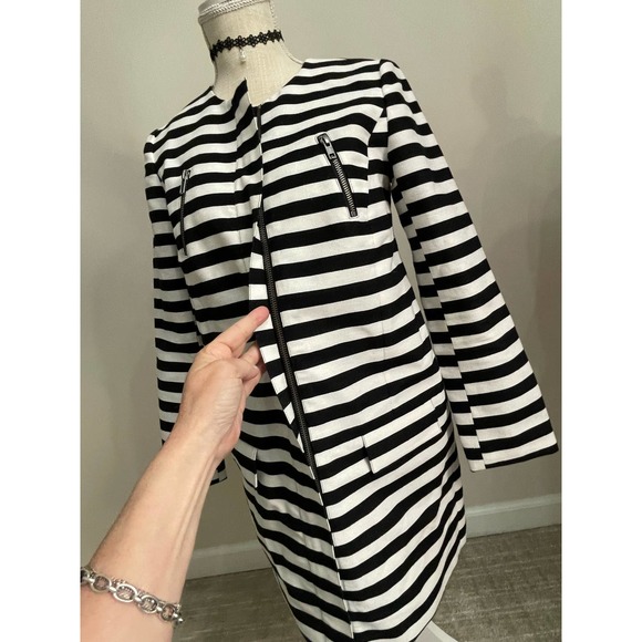 Halogen Womens Long Jacket Coat Duster Black White Stripe Zip Front Sz XS Shift - Picture 12 of 16